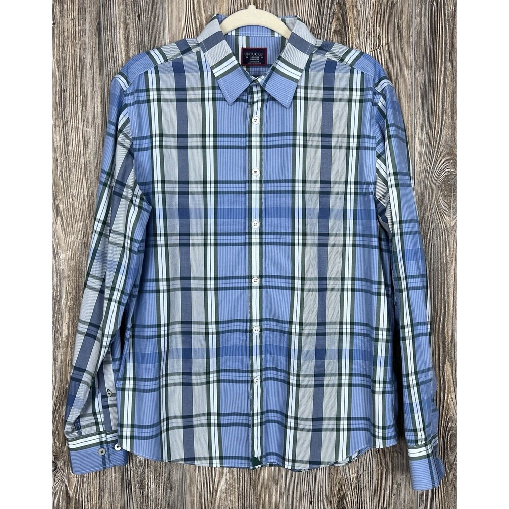 UNTUCKit Men's MED Blue Plaid Wrinkle Free Cotton Button Up Shirt Preppy Classic